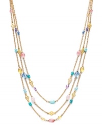 A multitude of hues makes for instant style pick-me-up! Lauren by Ralph Lauren's colorful three row necklace features reconstituted semi-precious turquoise and glass beads strung from delicate chains. Set in gold tone mixed metal with a lobster claw clasp. Approximate lengths: 18, 19 and 20 inches + 2-inch extender.