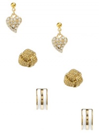 GUESS Three-Pair Gold-Tone Stud Earring Set, WHITE