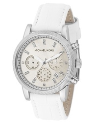 MICHAEL Michael Kors stainless steel watch on white crocodile-embossed leather strap. White mother-of-pearl dial with square glitz index markers. Chronograph movement.