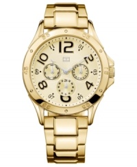 First place style from Tommy Hilfiger. This golden watch boasts an allover shine and multifunctional dial.