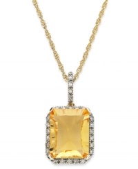 Captivating cool. This 10k gold necklace features an emerald-cut citrine (2-1/2 ct. t.w.) pendant surrounded by diamonds (1/8 ct. t.w.) for an appealing aesthetic. Approximate length: 18 inches. Approximate drop: 3/4 inch.