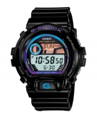 Track the moon, the tide and the time with this do-everything G-Lide watch by G-Shock. Black resin strap and round case. Shock-resistant digital display dial features tide and moon graphs, moon age data, auto EL backlight with afterglow, two alarms and one snooze, flash alert, countdown timer, stopwatch, world time and 12/24-hour formats. Quartz movement. Water resistant to 200 meters. One-year limited warranty.