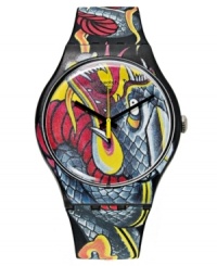 Inspired by colorful tattoo designs, this Fired Snake watch from Swatch lets you show your rebellious side.