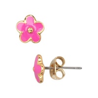 Hot Pink Enamel Flowers Yellow Gold-Tone Kids Girls Stud Pierced Earrings