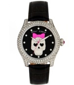 Cuteness to die for. Watch by Betsey Johnson crafted of black croc-embossed leather strap and round polished stainless steel case covered in crystal accents. Black dial features crystal accent markers, large silver tone skull with pink bow and crystal accents at center, silver tone hour and minute hands, signature fuchsia second hand and logo. Quartz movement. Water resistant to 30 meters. Two-year limited warranty.