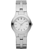 A tiny timepiece with big style. Watch by DKNY crafted of polished stainless steel bracelet and round case. Matte silver tone dial features stick indices, three hands and logo. Quartz movement. Water resistant to 50 meters. Two-year limited warranty.