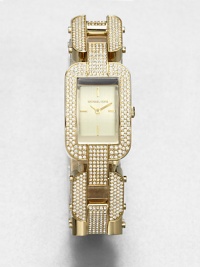 A rectangular, goldtone stainless steel design encrusted in dazzling crystal. Quartz movementWater resistant to 5 ATMRectangular goldtone stainless steel case, 36mm (1.4) X 24 (0.9)Crystal encrusted bezelChampagne dialBar hour markersCrystal encrusted goldtone stainless steel link braceletImported