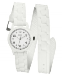 Double down on fresh fashion with this fun watch from GUESS. Features a tonal double-wrap silicone strap for added style.