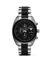 A hard-hitting take on sporty style, Emporio Armani's bold black-faced chronograph is an athletic add-on. Wear it to work or to work out; it will be on-trend anywhere you fasten it.