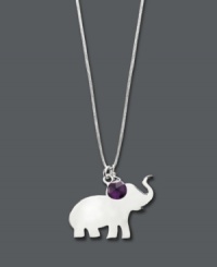 Let your bohemian side shine in this unique Studio Silver pendant. The shiny silhouette of an elephant with its trunk promises good luck, while a purple glass charm adds a shimmery touch of color. Charms and setting crafted in sterling silver and strung from a grey rope cord. Approximate length: 16 inches + 2-inch extender. Approximate drops 3/4 inch x 1 inch and 1/3 inch.