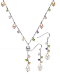 Mix it up with fresh colors and unique stones. Fresh by Honora's matching necklace and earrings set highlights rose, champagne, grey and white cultured freshwater pearls (6-8mm) with citrine (2-1/5 ct. t.w.), amethyst (1/4 ct. t.w.), peridot (2-1/3 ct. t.w.) and rose quartz (2-1/4 ct. t.w.) chips. Set in sterling silver. Approximate length: 18 inches. Approximate drop (pendant): 1-1/4 inches. Approximate drop (earring): 1-1/2 inches.