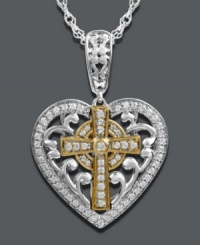 Divine inspiration. This subtly sparkling diamond pendant (1/4 ct. t.w.) by Mi Joya Divina features a symbolic heart shape and cross center. Crafted in 14k gold and sterling silver. Approximate length: 18 inches. Approximate drop length: 7/10 inch. Approximate drop width: 7/10 inch.