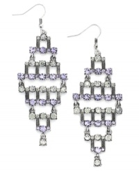 Dust your shoulders with diamond-shaped drops. Bar III's stunning earrings feature round-cut clear and violet-colored acrylic crystals in an intricate pattern. Set in burnished silver tone mixed metal. Approximate drop length: 2-3/4 inches. Approximate drop width: 1-3/16 inches.