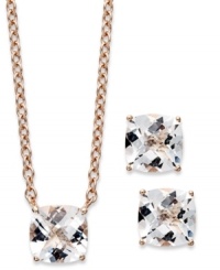 A fun update to your wardrobe, this matching pendant and earrings set features cushion-cut white quartz (5 ct. t.w.) set in 14k rose gold over sterling silver. Approximate length: 18 inches. Approximate drop (pendant): 1/4 inch. Approximate drop (earrings): 1/4 inch.