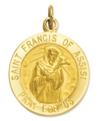 Commemorate the patron Saint of animals and the environment. This intricate medal charm features a divine depiction, as well as the words: Saint Francis of Assisi Pray For Us in 14k gold. Chain not included. Approximate length: 9/10 inch. Approximate width: 6/10 inch.