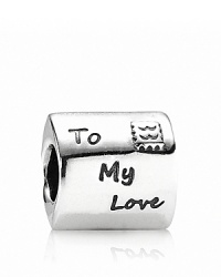 A romantic PANDORA charm with the words 'To My Love' and 'From Me' engraved on a sterling silver envelope and sealed with a red enamel heart.