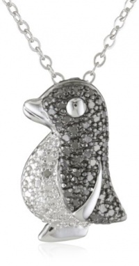 Plated Brass Gunmetal Color Black and White Diamond-Accent Penguin Pendant Necklace, 18