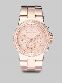 This feminine yet sturdy timepiece of rose goldtone stainless steel is framed in light peach crystals, with a link bracelet band that has shiny outer links and brushed center links.Chronograph movement Waterproof up to 10 ATM 43mm stainless steel case Light rose goldtone dial Round face Second hand Link bracelet Imported