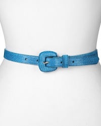 Give your waistline a shot of color with this snake-embossed leather belt from Via Spiga. Team it with a pair of black trousers and a blouse to make the most of the cool hue.