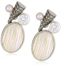 Judith Jack Pearl Moon Sterling Silver, Marcasite, Cubic Zirconia and Osmena Pearl Button Earrings