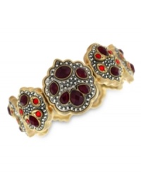 Seeing red is a good thing on this stretch bracelet from Jessica Simpson. Faceted red and silver-tone stone accents dazzle on this bracelet crafted from gold-tone mixed metal. Approximate length: 8-1/4 inches.