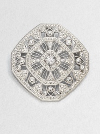 A lacy medallion formed of radiant crystals and cubic zirconia stones twinkles every which way.Crystal and cubic zirconiaRhodium platingDiameter, about 1¾Pin backImported