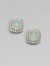 From the Petite Albion Collection. An exquisite design with dazzling pavé diamonds surrounding an aqua chalcedony stone set in sterling silver. Aqua chalcedonyDiamonds, .4 tcwSterling silverSize, about ¼Post backImported 