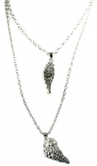 City Gypsies Gorgeous Large Ice Crystal Covered Double Angel Wings Necklace Set Silver Tone