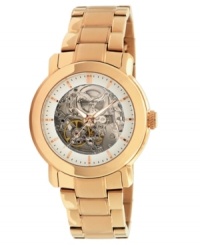 Rosy-cheeked, exposed timepiece by Kenneth Cole New York. Crafted of rose-gold ion-plated stainless steel bracelet and round case. Skeleton dial features rose-gold tone stick indices, minute track, three hands and logo. Automatic movement. Water resistant to 30 meters. Limited lifetime warranty.