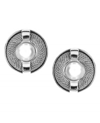 Simple circles lend a look of total elegance. AK Anne Klein's clip-on button earrings are embellished with mesh detail and imitation pearls. Set in imitation rhodium-plated mixed metal. Approximate diameter: 1 inch.