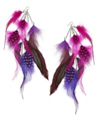 Fun & flirty! Get exotic with these long earrings that feature a cluster of feathers with pops of fuchsia. Accented with mixed metal and silver-plating. Approximate drop: 7 inches.