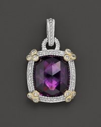 A rich purple crystal is trimmed in 18K yellow gold, sterling silver and white sapphires on this clip-on enhancer from Judith Ripka.