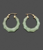 Add a little luck and a lot of style in this fresh take on the traditional hoop. Solid jade (30 mm) in an intricate bamboo shape adds subtle color and uniqueness to your look. Crafted in 14k gold. Approximate diameter: 1-1/2 inches.