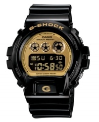 A champion watch that withstands the toughest environments, by G-Shock. Black resin strap and round case. Logo at bezel. Gold tone shock-resistant, digital display dial with EL backlight, flash alert, multifunctional alarm, countdown timer, stop watch and 12/24-hour formats. Quartz movement. Water resistant to 200 meters. One-year limited warranty.