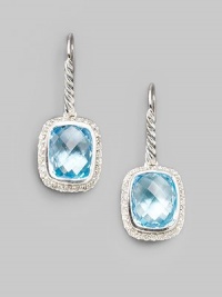 From the Noblesse Collection. A squared drop of faceted blue topaz, framed by sparkling diamonds, hangs from a cable of sterling silver. Diamonds, 0.42 tcw Blue topaz Sterling silver Drop, about ½ Ear wire Imported