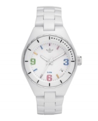 Your watch should be as fun as your workout. Colorful mini Cambridge watch by adidas crafted of white nylon plastic bracelet and round case with silver tone and white enamel bezel. White dial features multicolor numerals at three, six and nine o'clock, stick indices, minute track, date window, three hands and logo. Quartz movement. Water resistant to 50 meters. Two-year limited warranty.