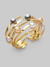 From the Ribbon Collection. Graceful golden ribbons, some smooth, some textured, hold lustrous pearls in a spectrum of soft shades. 10mm round white, grey, nuage and champagne man-made organic pearls 18k goldplated sterling silver Diameter, about 2¼ Width, about 1½ Lobster clasp Made in Spain