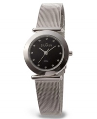 Evening elegance and sleek, streamlined style. This Skagen Denmark watch features a stainless steel bracelet and round case. Black dial with logo and Swarovski crystals at markers. Quartz movement. Water resistant to 30 meters. Limited lifetime warranty.