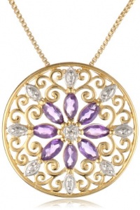 18k Yellow Gold Plated Sterling Silver African Amethyst and Diamond Accent Medallion Pendant Necklace, 18