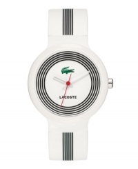 Croc around the clock with this smooth design from Lacoste. Goa unisex watch crafted of white with black stripes silicone strap and round white plastic case. White dial with circular black stripes features iconic crocodile logo at twelve o'clock, text logo at six o'clock, cut-out hour and minute hands and red second hand. Quartz movement. Water resistant to 30 meters. Two-year limited warranty.