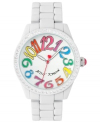 Every color of the rainbow. This bright and cheery Betsey Johnson watch flaunts big numerals at the fresh white dial.