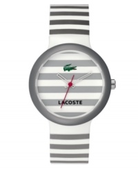 Subtle cool from the always sporty Lacoste. This unisex Goa watch is crafted of gray stripe silicone strap and round plastic case. Gray stripe dial features iconic crocodile logo, cutout hour and minute hands and red second hand. Quartz movement. Water resistant to 30 meters. Two-year limited warranty.