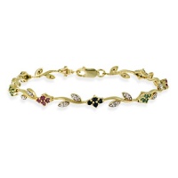 18K Gold over Sterling Silver Ruby, Sapphire, & Emerald Diamond Accent Flower Bracelet