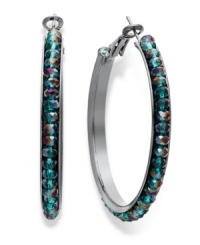 Looking to strut your stuff? Walk on with these non-traditional hoop earrings from c.A.K.e. by Ali Khan. Crafted in hematite tone mixed metal, hoops feature peacock glass beads. Approximate diameter: 2 inches.