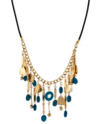 Fringe benefits. On this chic frontal necklace, Robert Lee Morris brings together accents crafted from gold-tone mixed metal, resin beads and leather to a fashionable effect. Crafted in gold tone mixed metal. Approximate length: 17 inches + 3-inch extender. Approximate drop: 2-1/2 inches.