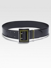 Polished leather belt with plexiglass and metal buckle. Width, about 2Made in Italy