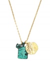 Take to the high seas. RACHEL Rachel Roy's maritime charm pendant features a petite anchor charm, a rectangle the features the words, All we see is the sea, and an embedded coral branch disc charm. Crafted in worn gold tone mixed metal and teal-hued patina. Approximate length: 30 inches + 2-inch extender. Approximate drop: 3/4 inch.