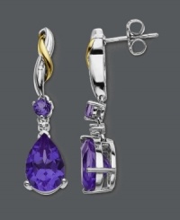 Red carpet-worthy glamour in bold color. These brilliant earrings feature pear and round-cut amethyst (3-5/8 ct. t.w.) with sparkling diamond accents.  Crafted in sterling silver with swirls of 14k gold. Approximate drop: 1-1/5 inches.