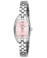 A timeless watch silhouette gets a modern upgrade with pink hues on this Pulsar timepiece.