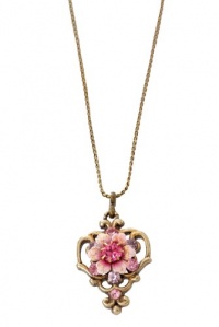 Michal Negrin Heart Pendant Enriched with Pink Hand Painted Flower, Pink and Lilac Swarovski Crystals 